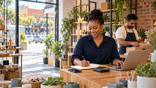 South African business owner planning messaging costs beside her laptop.